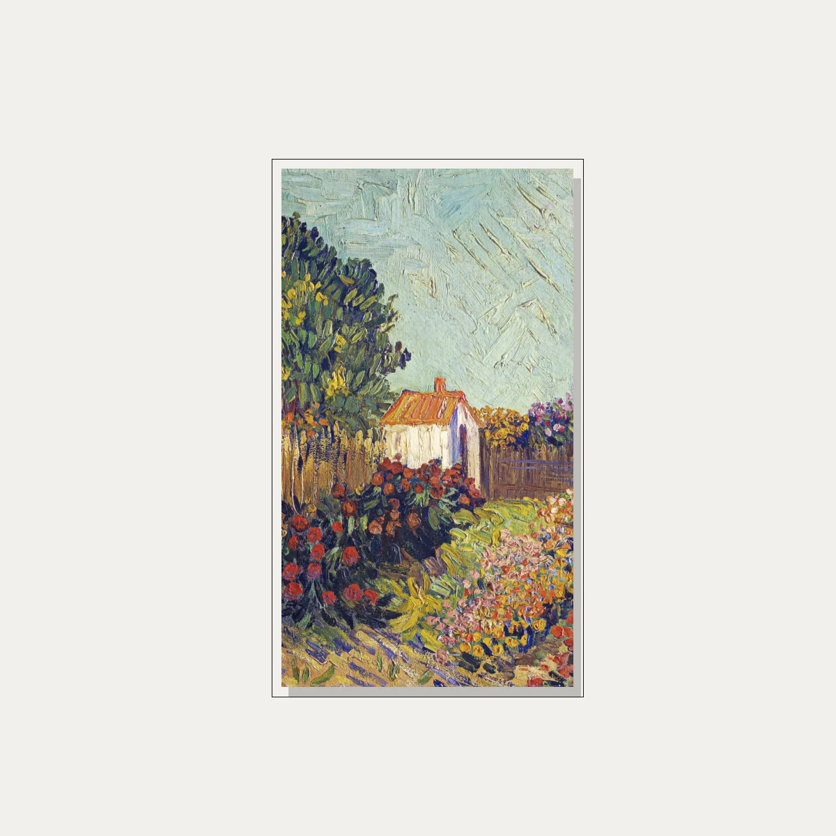 Impressionist style painting of a white cottage with orange roof among vibrant blooming flower beds and tall trees. — floater frame preview | PrintPosters.in
