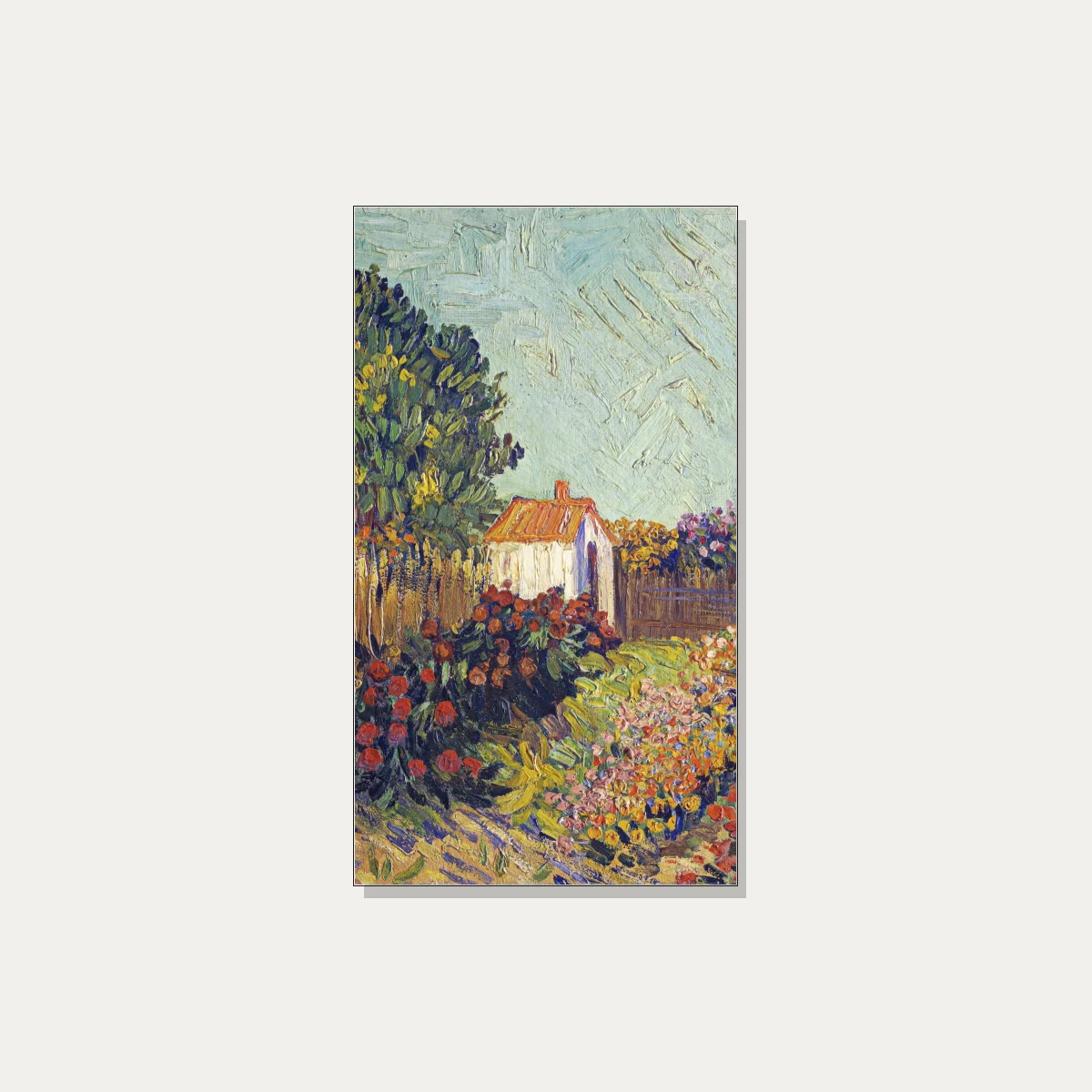 Impressionist style painting of a white cottage with orange roof among vibrant blooming flower beds and tall trees. | PrintPosters.in