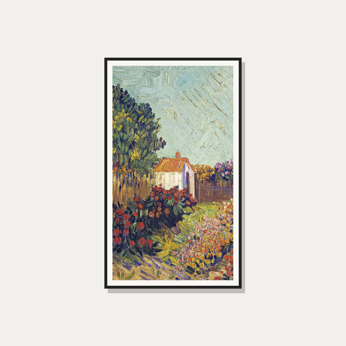 Impressionist style painting of a white cottage with orange roof among vibrant blooming flower beds and tall trees. — photo frame preview | PrintPosters.in