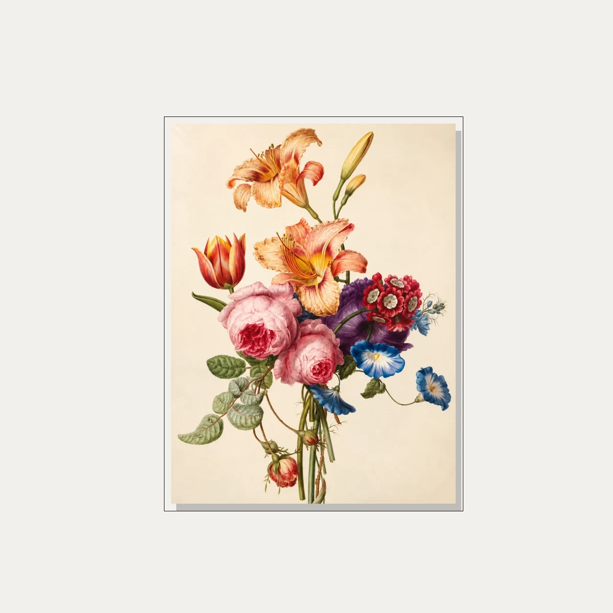 Vintage botanical illustration featuring orange daylilies, lush pink cabbage roses, a red tulip, and blue morning glories. — floater frame preview | PrintPosters.in