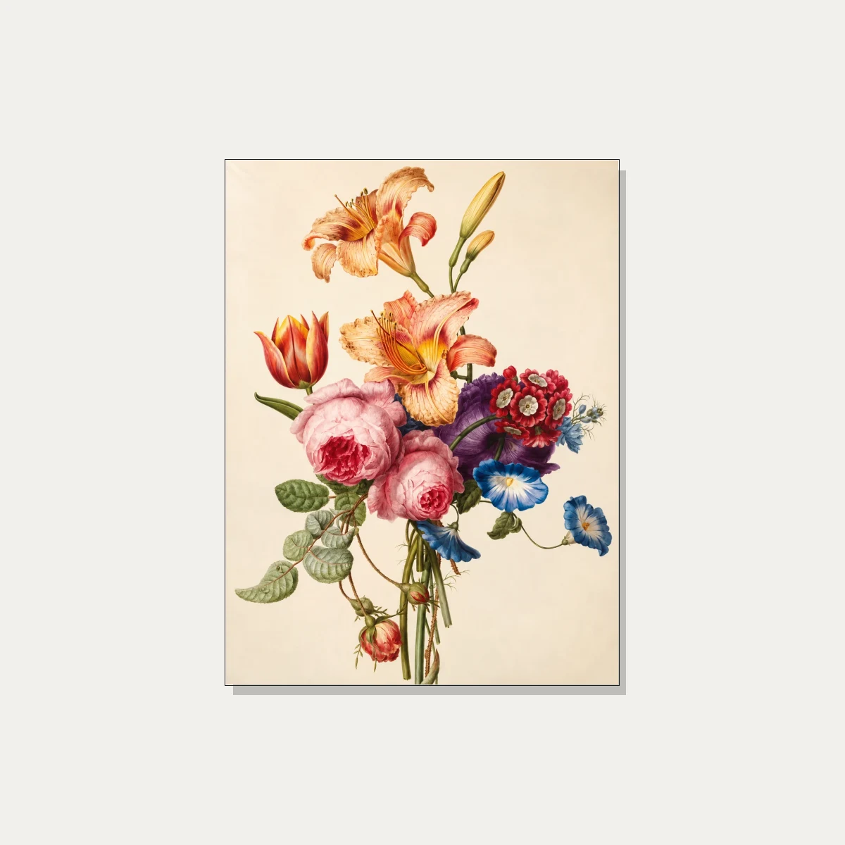 Vintage botanical illustration featuring orange daylilies, lush pink cabbage roses, a red tulip, and blue morning glories. | PrintPosters.in