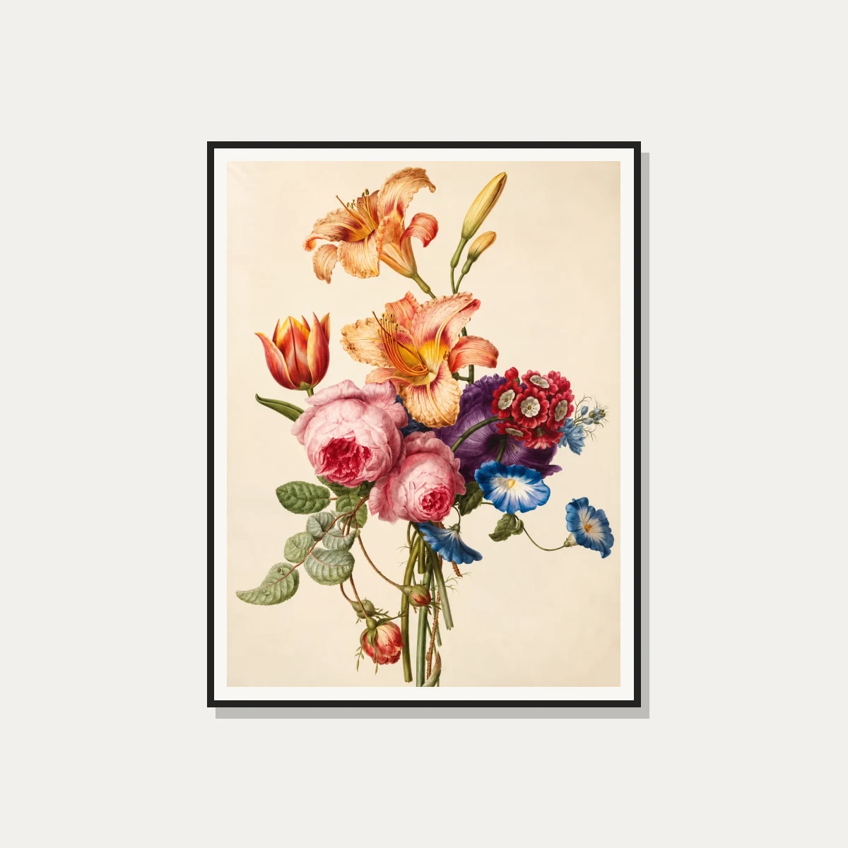 Vintage botanical illustration featuring orange daylilies, lush pink cabbage roses, a red tulip, and blue morning glories. — photo frame preview | PrintPosters.in