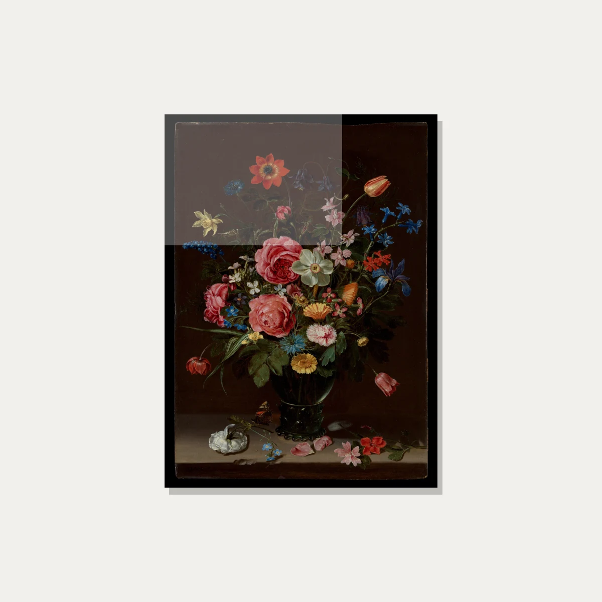Classical Dutch Golden Age oil painting of a vibrant flower bouquet in a glass vase against a dark background. — acrylic preview | PrintPosters.in