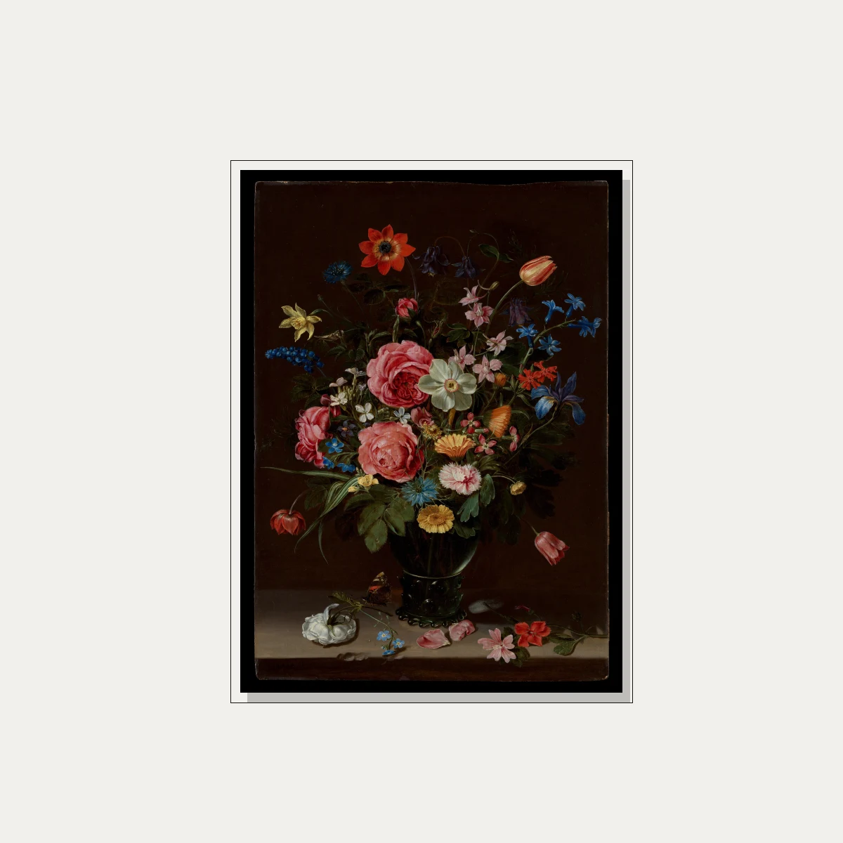Classical Dutch Golden Age oil painting of a vibrant flower bouquet in a glass vase against a dark background. — floater frame preview | PrintPosters.in