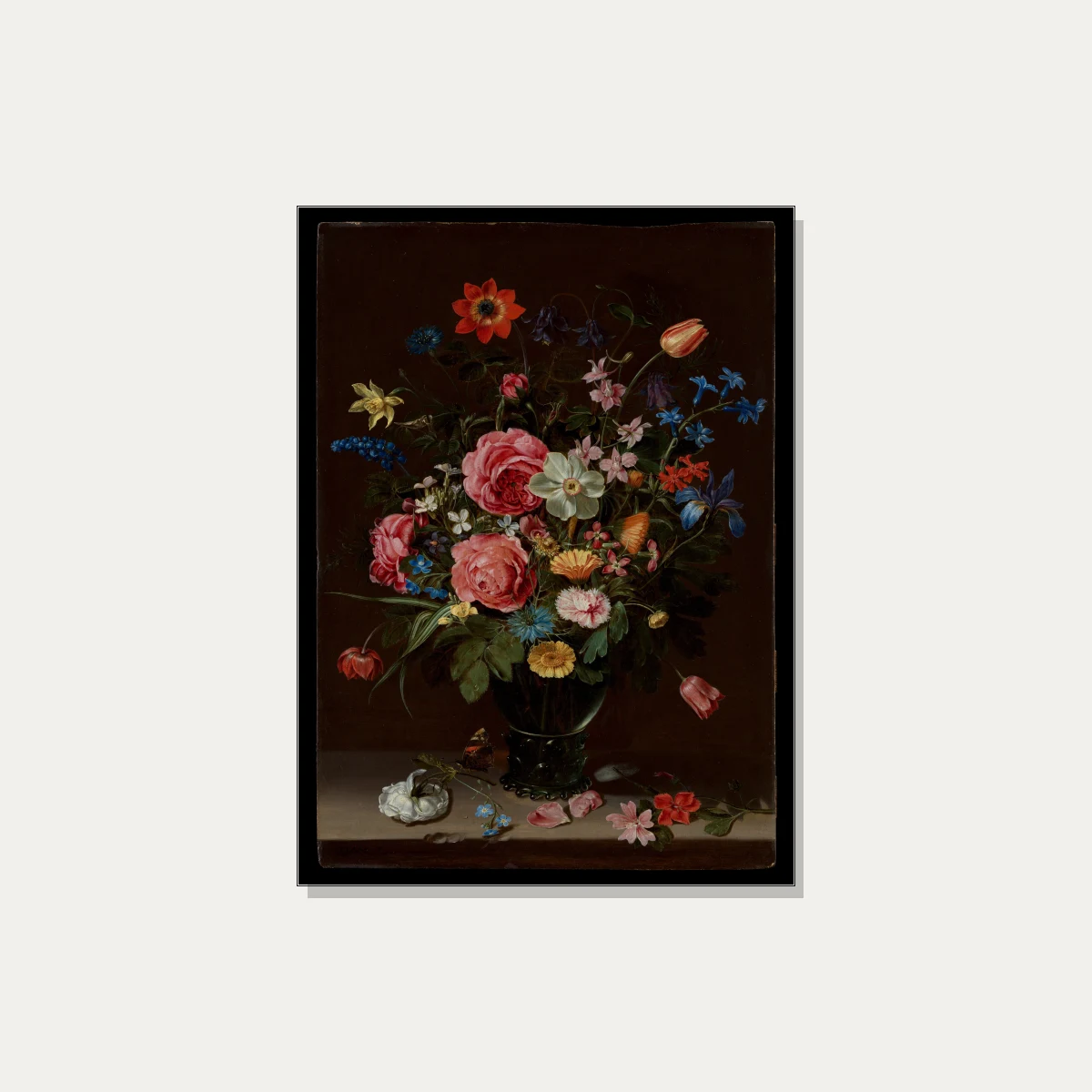 Classical Dutch Golden Age oil painting of a vibrant flower bouquet in a glass vase against a dark background. | PrintPosters.in