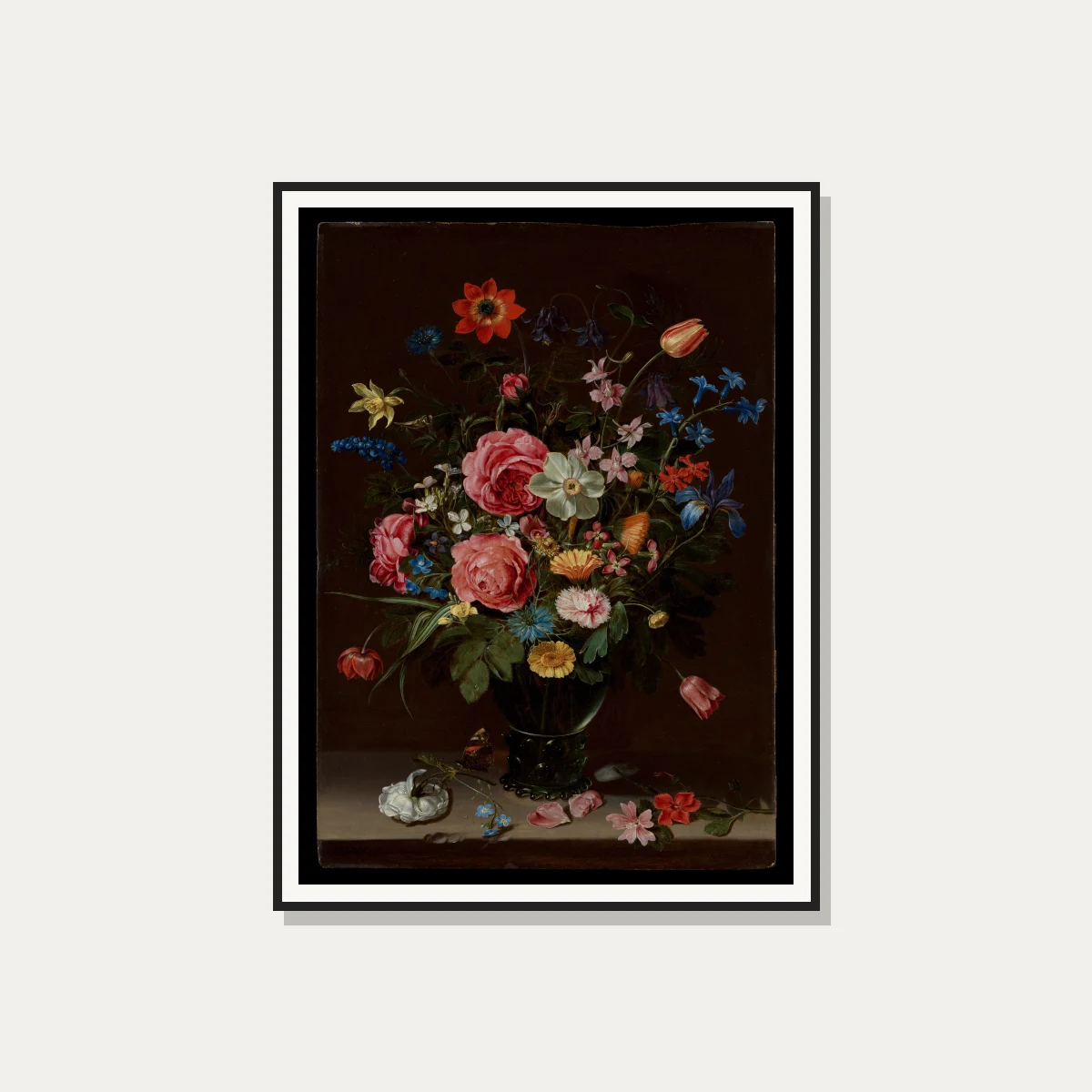 Classical Dutch Golden Age oil painting of a vibrant flower bouquet in a glass vase against a dark background. — photo frame preview | PrintPosters.in