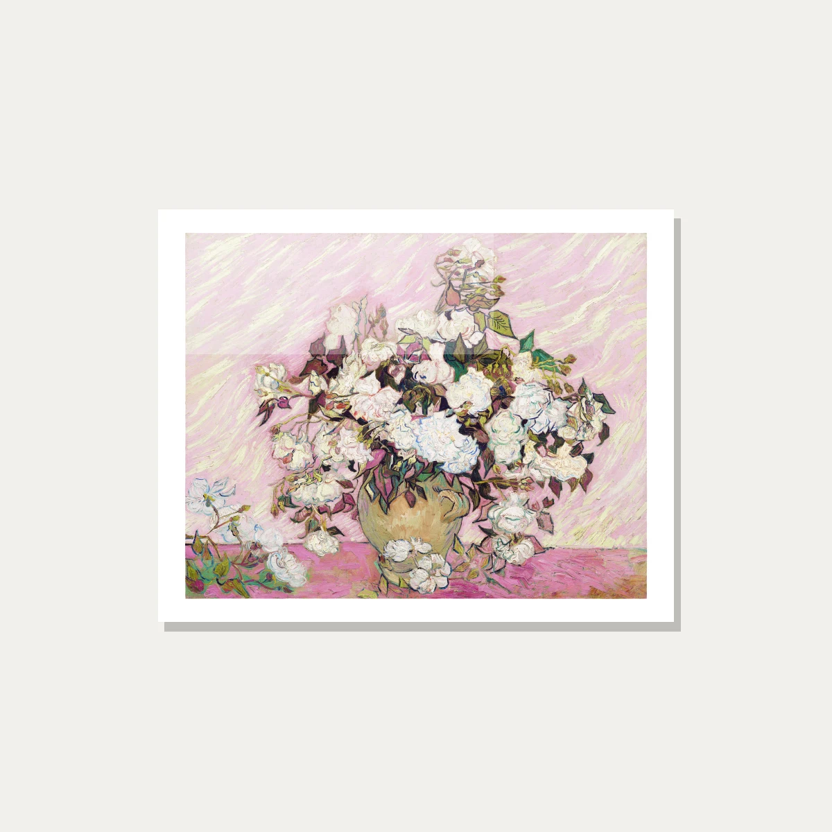 Vincent van Gogh oil painting of white roses in a ceramic vase against a pink textured background — acrylic preview | PrintPosters.in