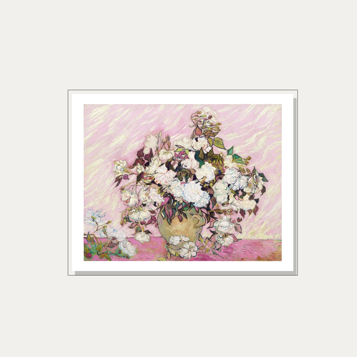 Vincent van Gogh oil painting of white roses in a ceramic vase against a pink textured background — floater frame preview | PrintPosters.in