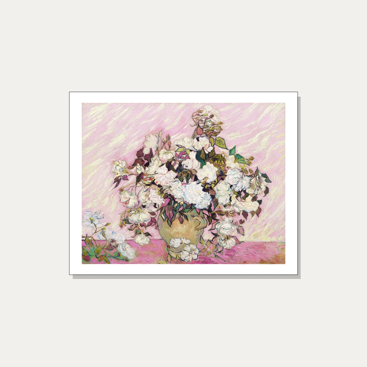 Vincent van Gogh oil painting of white roses in a ceramic vase against a pink textured background | PrintPosters.in