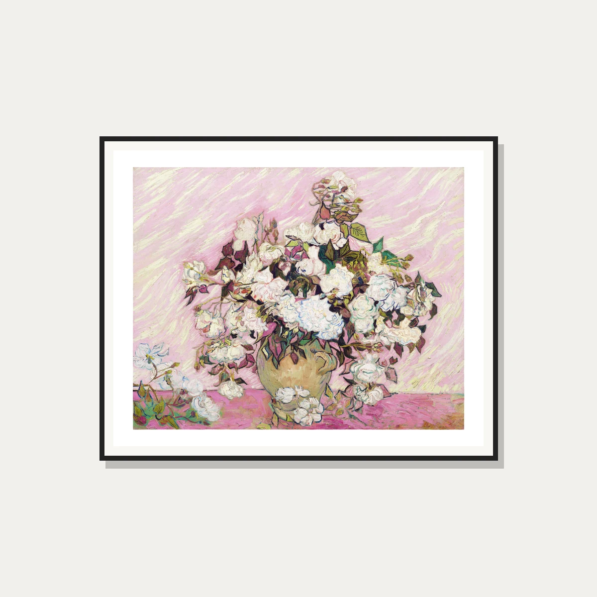 Vincent van Gogh oil painting of white roses in a ceramic vase against a pink textured background — photo frame preview | PrintPosters.in