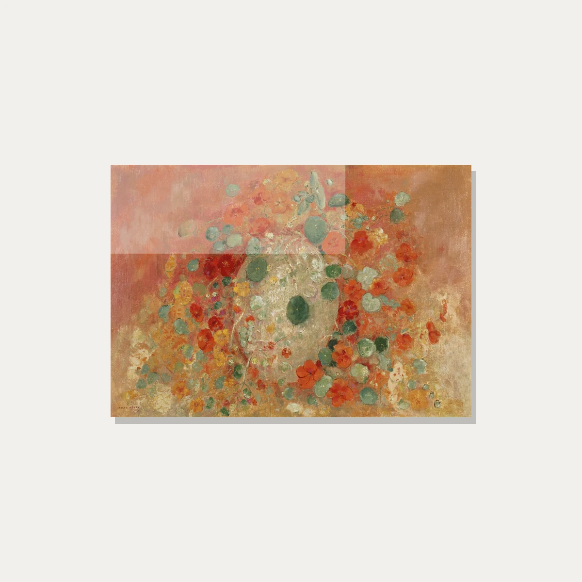 Symbolist floral artwork depicting vibrant orange nasturtiums and rounded green leaves against a warm terracotta backdrop. — acrylic preview | PrintPosters.in