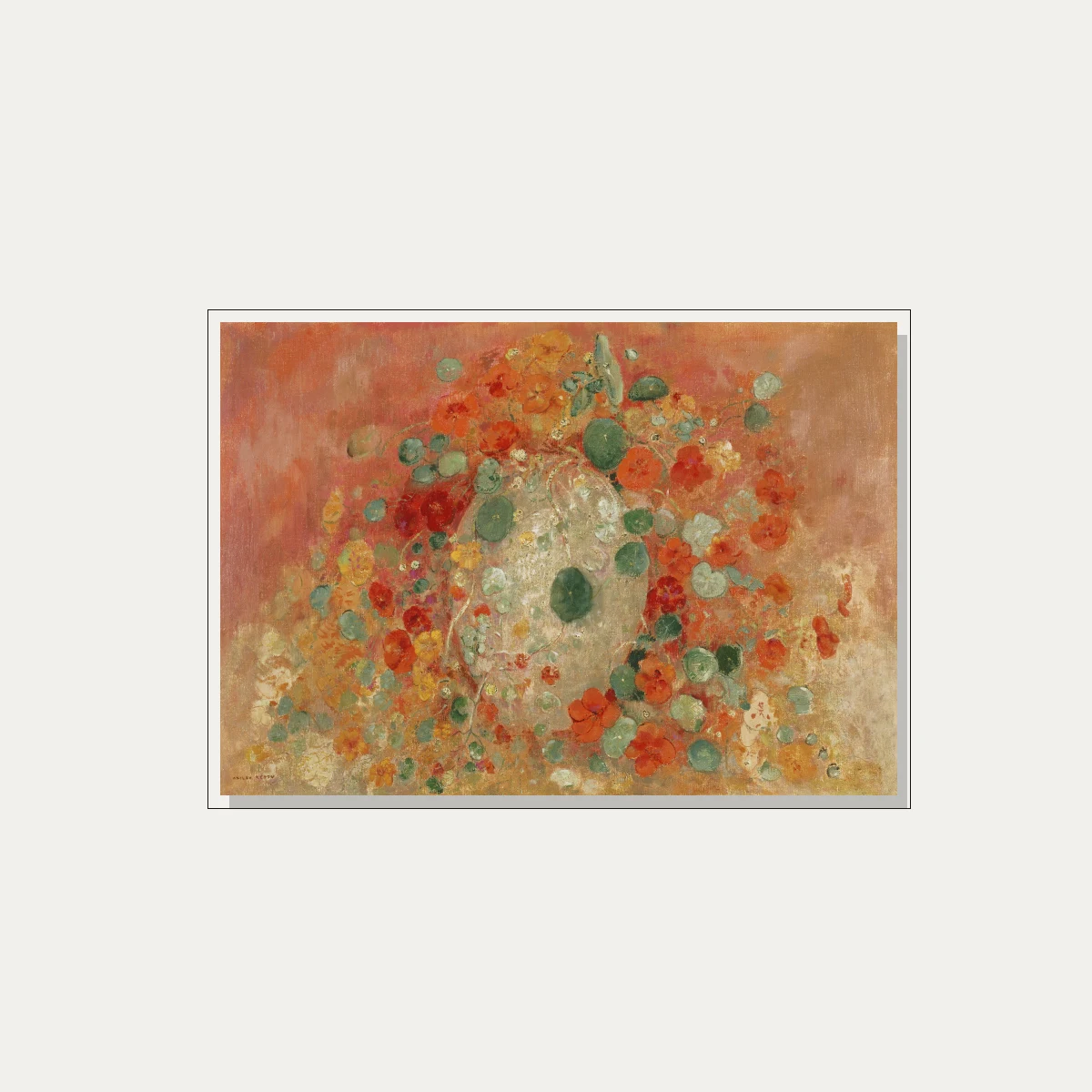 Symbolist floral artwork depicting vibrant orange nasturtiums and rounded green leaves against a warm terracotta backdrop. — floater frame preview | PrintPosters.in