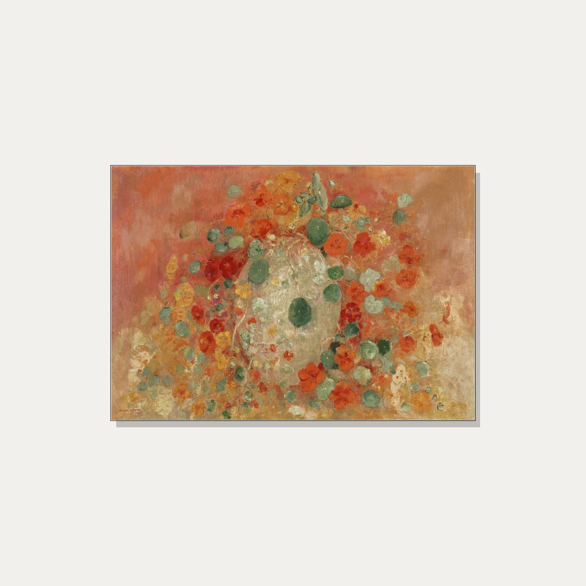 Symbolist floral artwork depicting vibrant orange nasturtiums and rounded green leaves against a warm terracotta backdrop. | PrintPosters.in