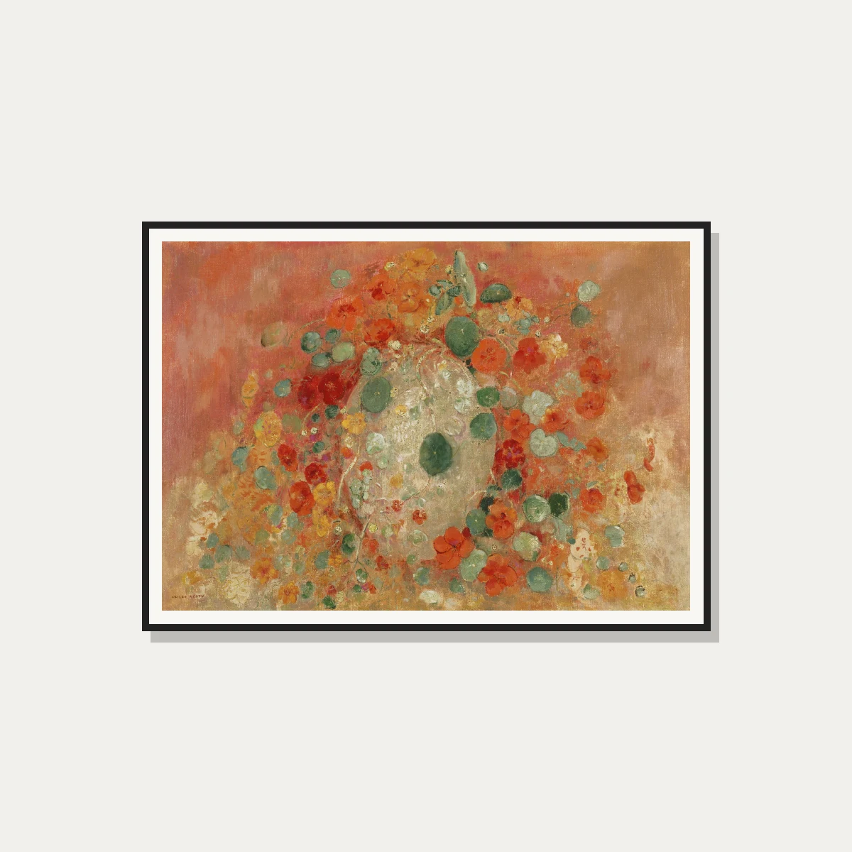 Symbolist floral artwork depicting vibrant orange nasturtiums and rounded green leaves against a warm terracotta backdrop. — photo frame preview | PrintPosters.in