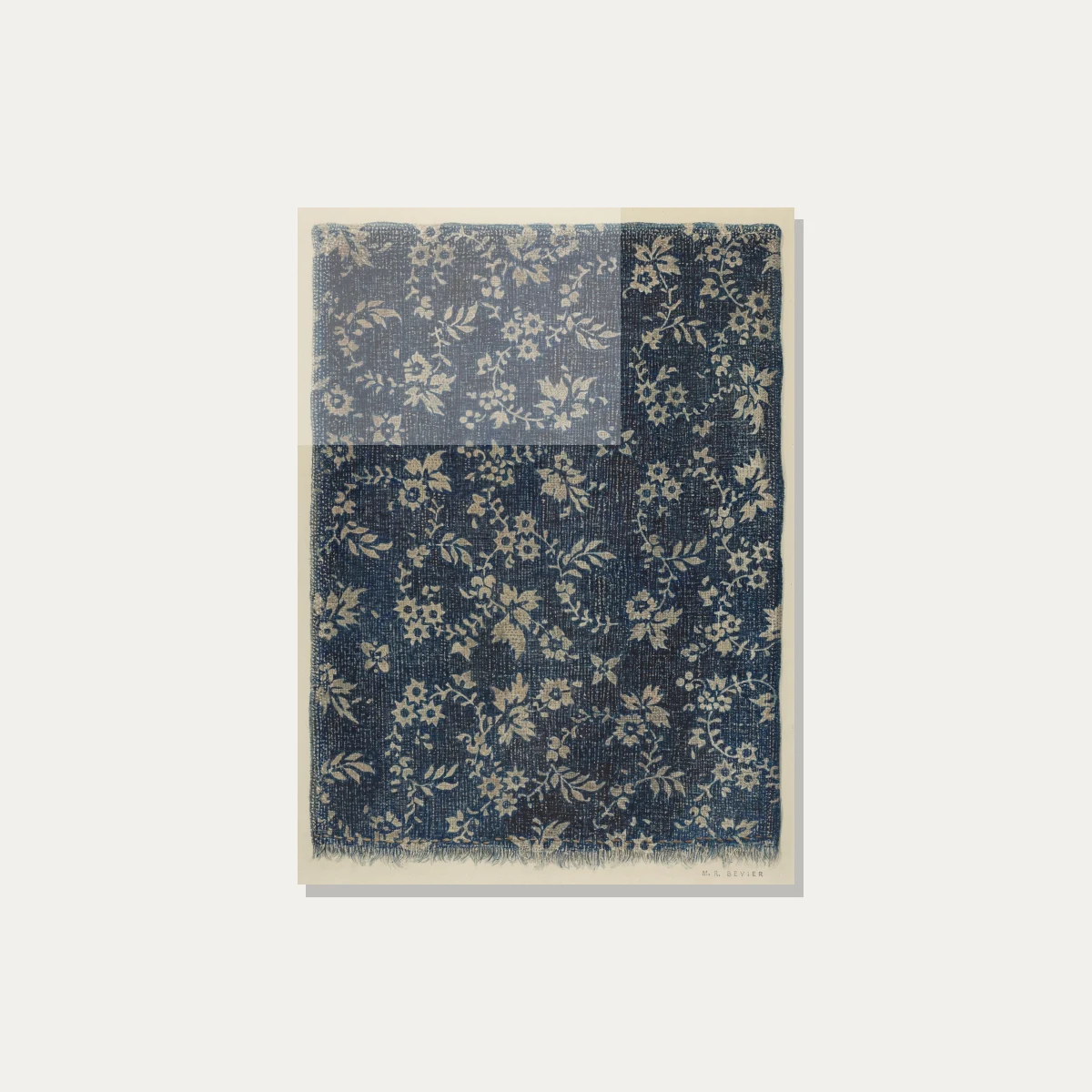 A vintage indigo blue fabric pattern artwork featuring beige floral vines and frayed edges. — acrylic preview | PrintPosters.in