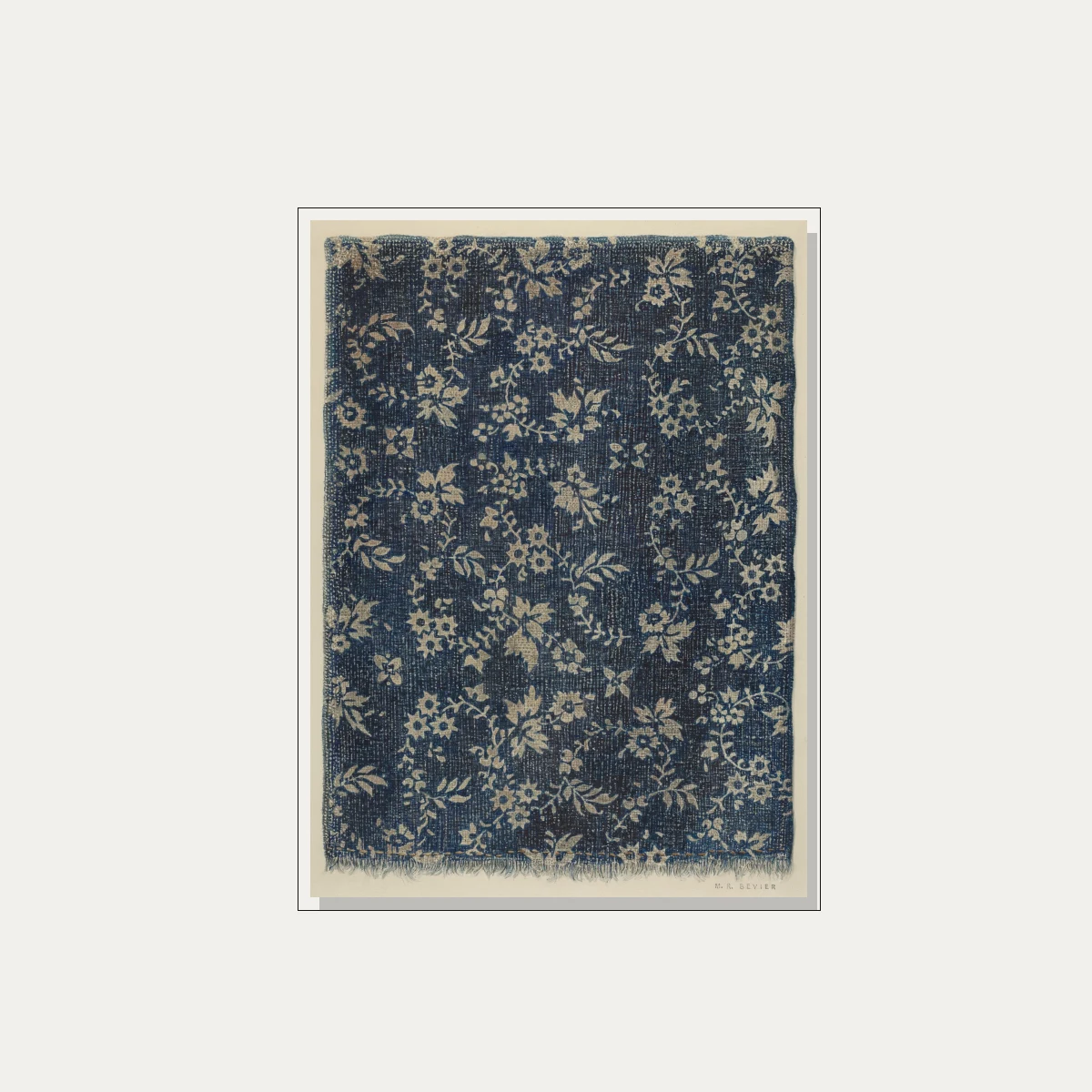 A vintage indigo blue fabric pattern artwork featuring beige floral vines and frayed edges. — floater frame preview | PrintPosters.in