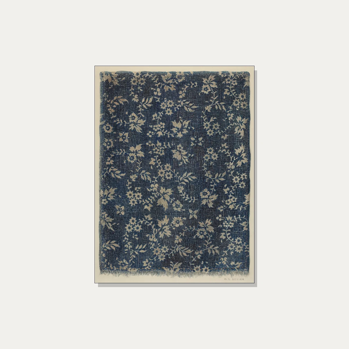 A vintage indigo blue fabric pattern artwork featuring beige floral vines and frayed edges. | PrintPosters.in