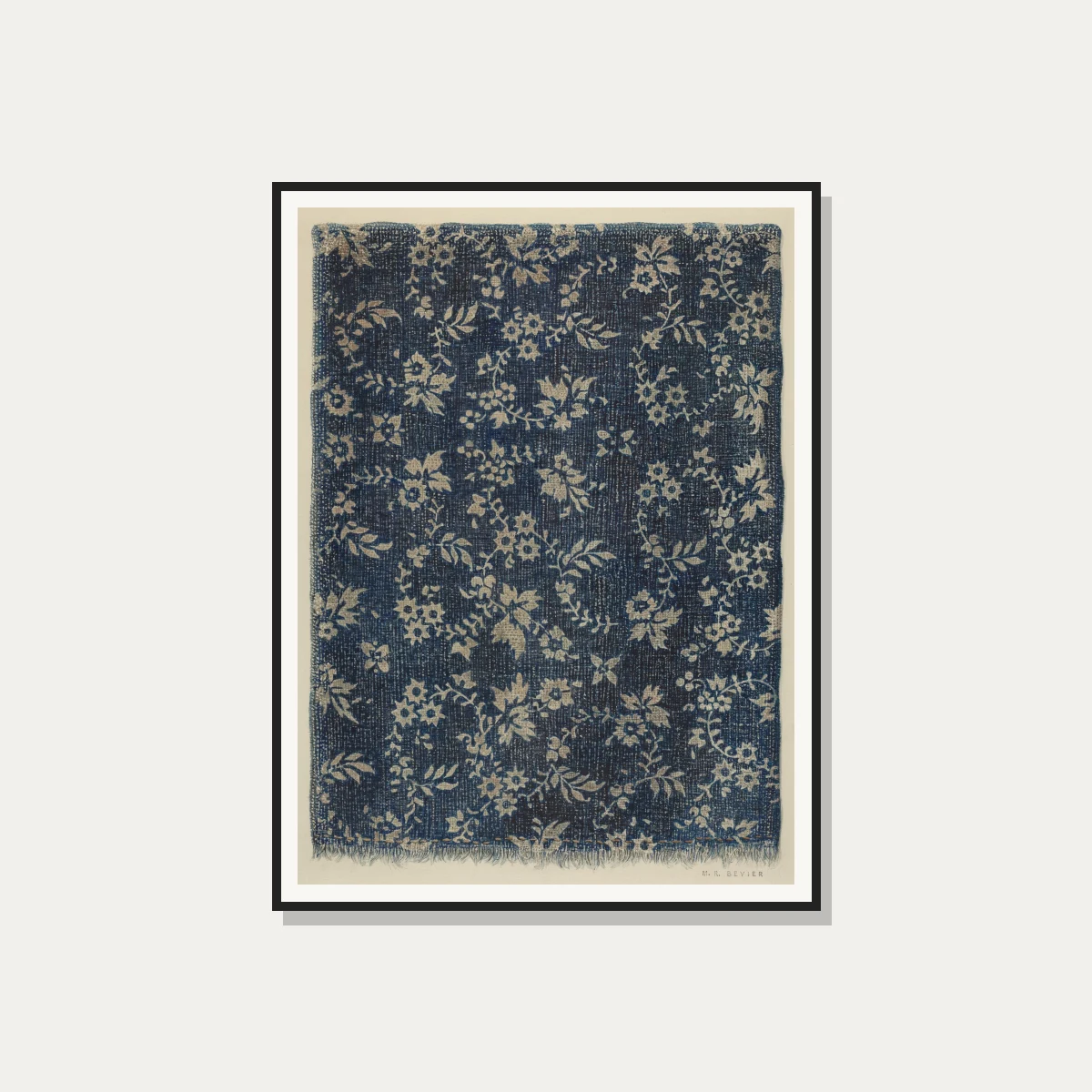 A vintage indigo blue fabric pattern artwork featuring beige floral vines and frayed edges. — photo frame preview | PrintPosters.in