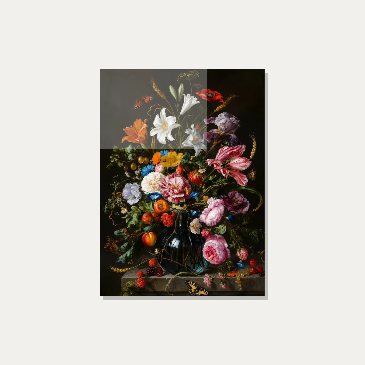 Classic Baroque painting of a lush floral bouquet with striped tulips and lilies in a glass vase on a dark background. — acrylic preview | PrintPosters.in