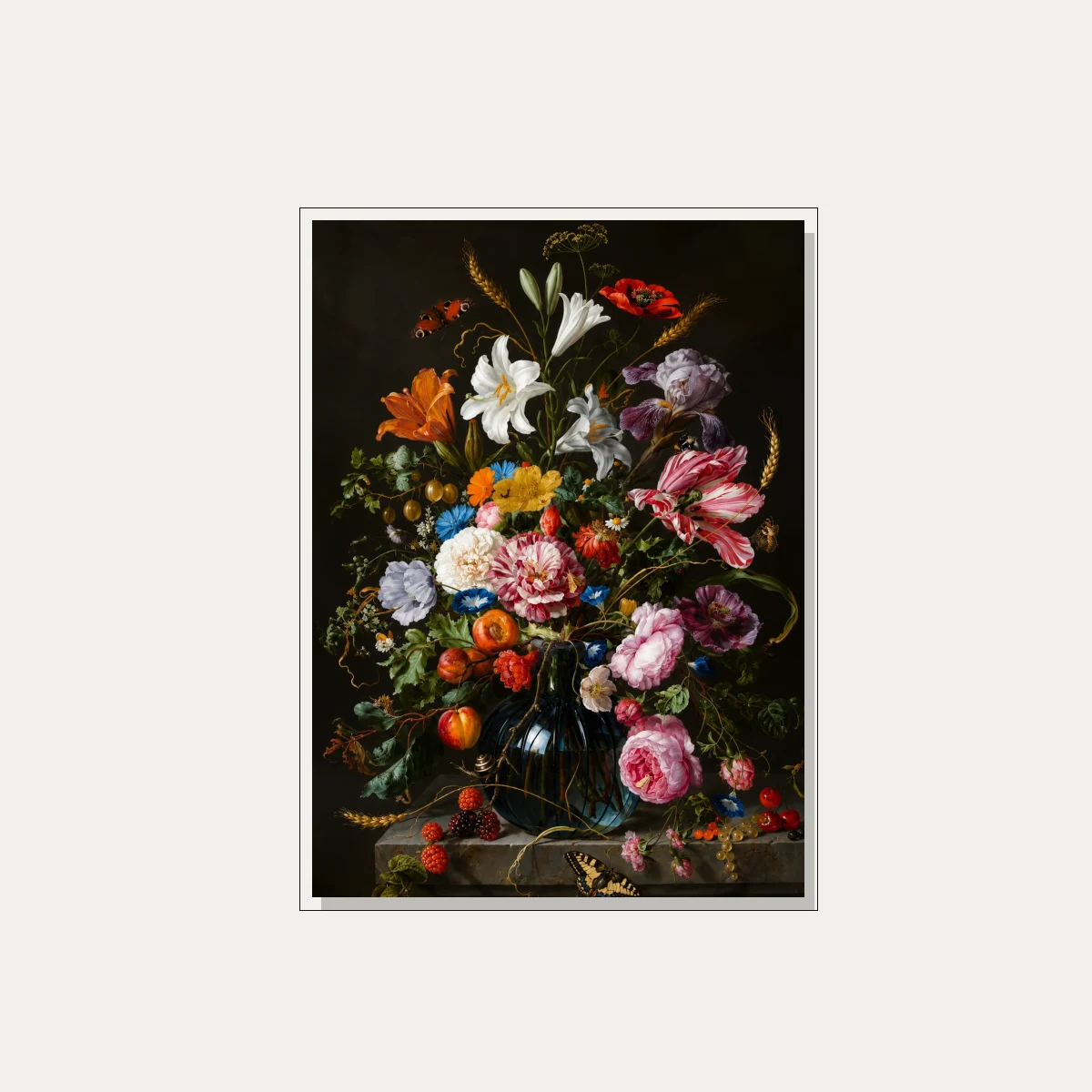 Classic Baroque painting of a lush floral bouquet with striped tulips and lilies in a glass vase on a dark background. — floater frame preview | PrintPosters.in