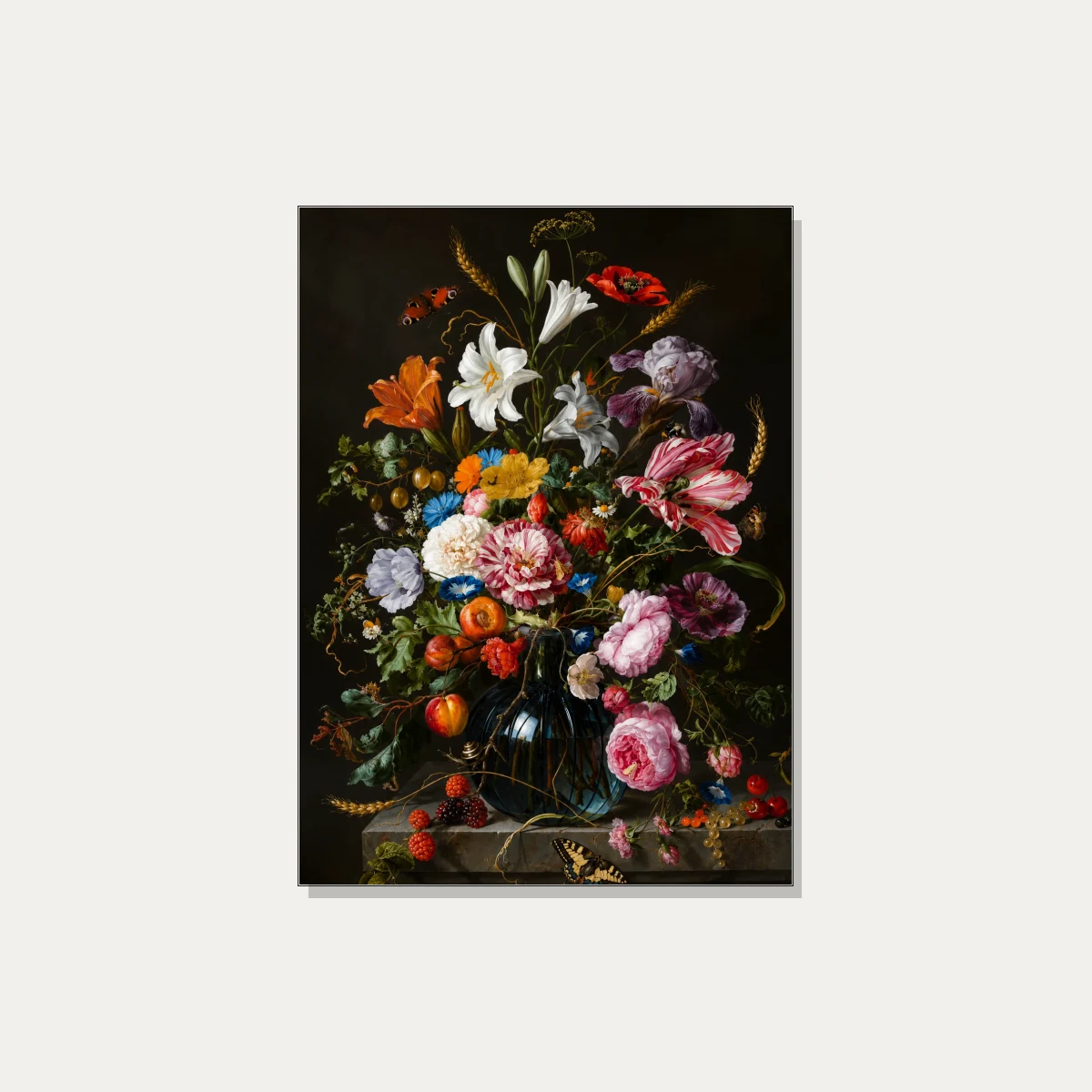 Classic Baroque painting of a lush floral bouquet with striped tulips and lilies in a glass vase on a dark background. | PrintPosters.in