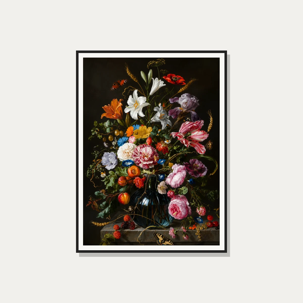 Classic Baroque painting of a lush floral bouquet with striped tulips and lilies in a glass vase on a dark background. — photo frame preview | PrintPosters.in