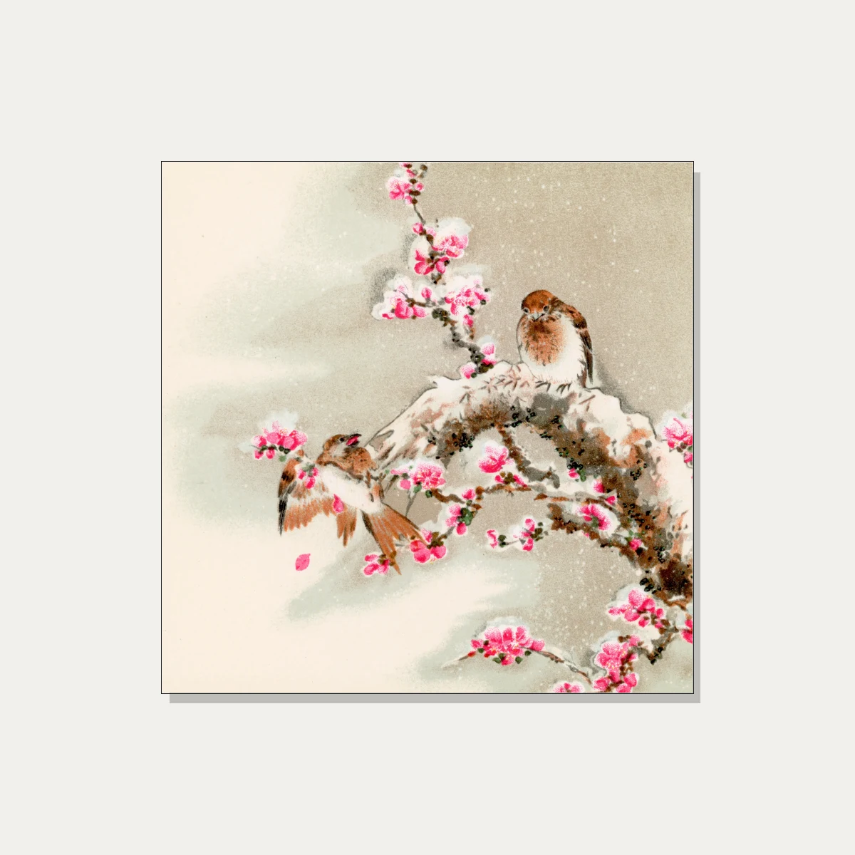 Japanese style painting of two small birds resting on a snowy tree branch filled with vibrant pink plum blossoms. | PrintPosters.in