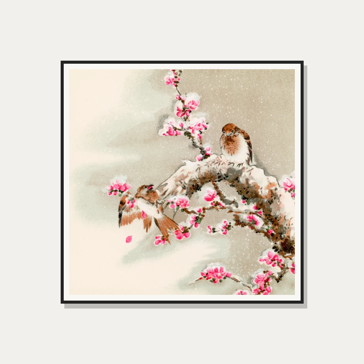 Japanese style painting of two small birds resting on a snowy tree branch filled with vibrant pink plum blossoms. — photo frame preview | PrintPosters.in