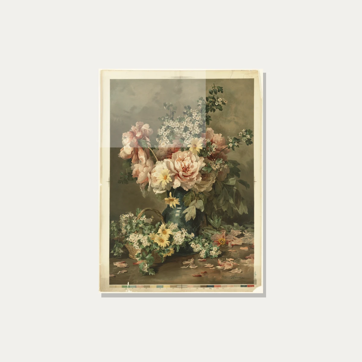 Vintage watercolor painting of pink peonies and yellow daisies in a dark teal vase with scattered petals. — acrylic preview | PrintPosters.in