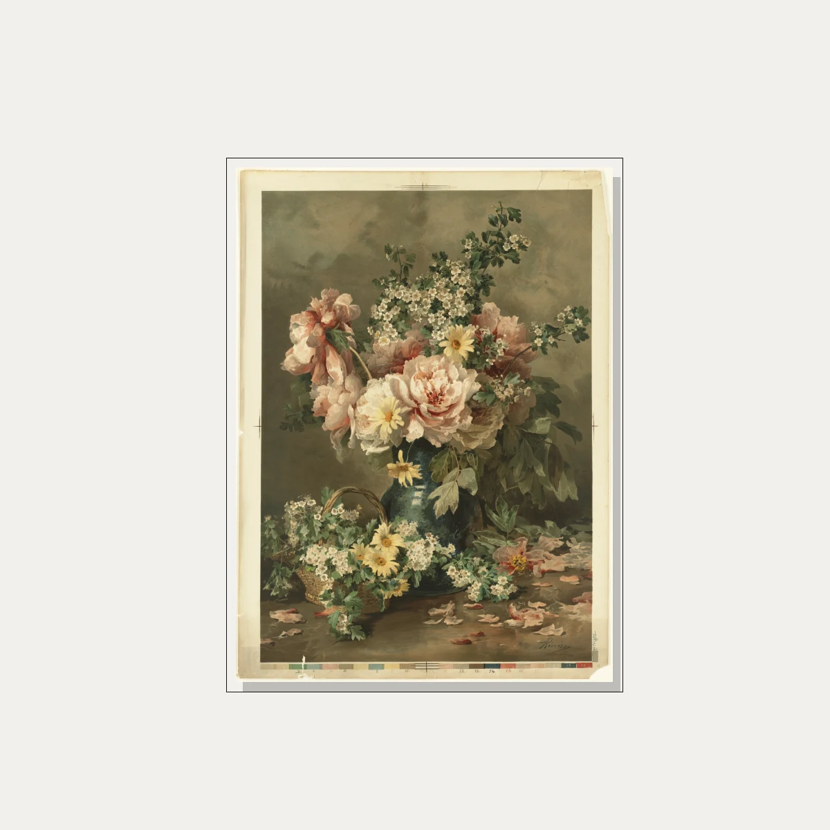 Vintage watercolor painting of pink peonies and yellow daisies in a dark teal vase with scattered petals. — floater frame preview | PrintPosters.in