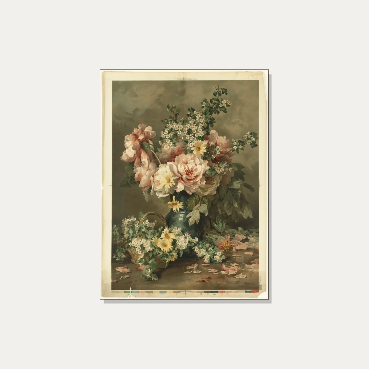Vintage watercolor painting of pink peonies and yellow daisies in a dark teal vase with scattered petals. | PrintPosters.in