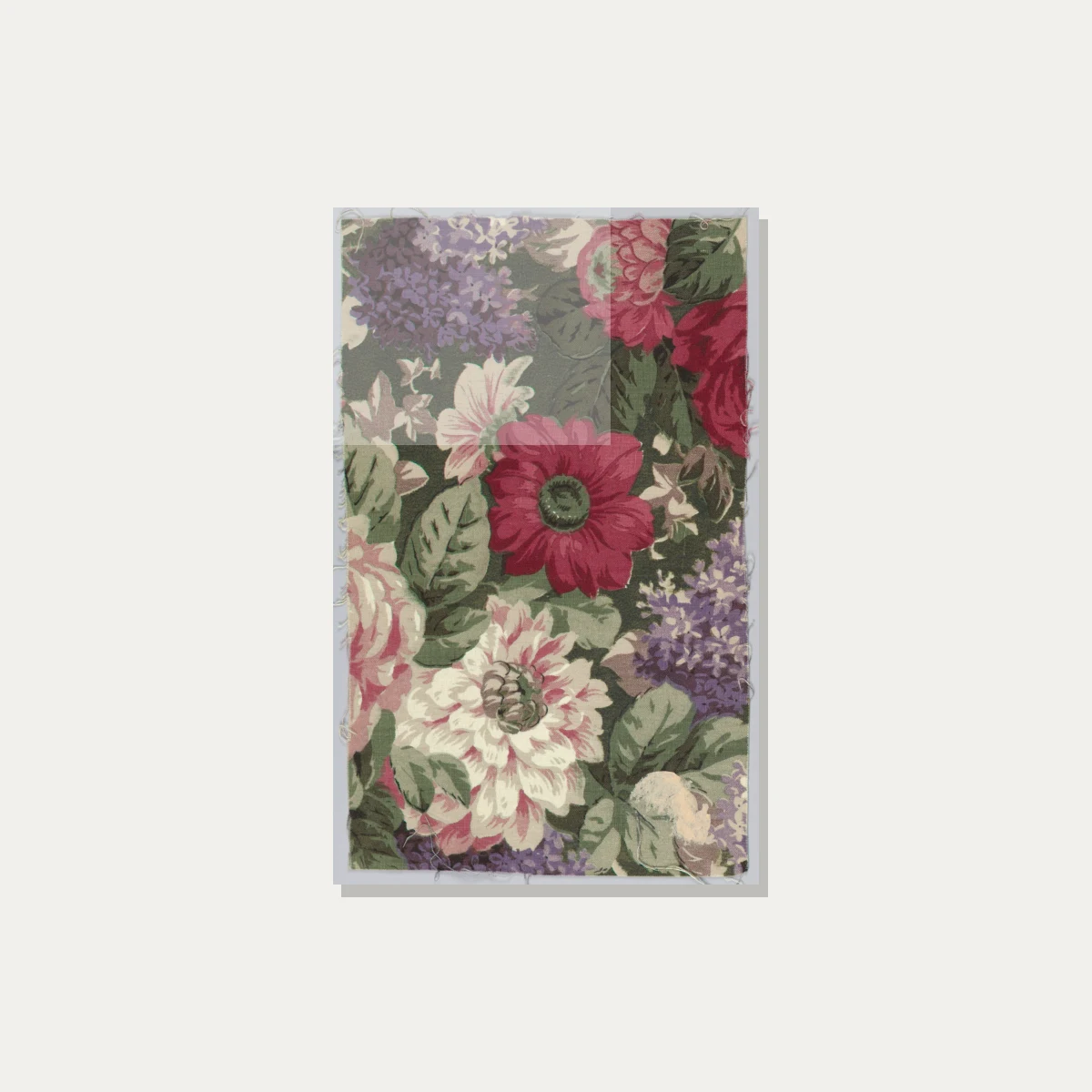 Vintage botanical chintz textile pattern featuring crimson dahlias, lavender lilacs, and pink roses on dark green foliage. — acrylic preview | PrintPosters.in