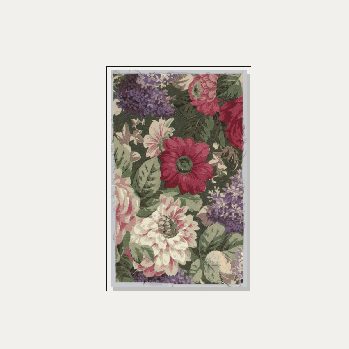 Vintage botanical chintz textile pattern featuring crimson dahlias, lavender lilacs, and pink roses on dark green foliage. — floater frame preview | PrintPosters.in