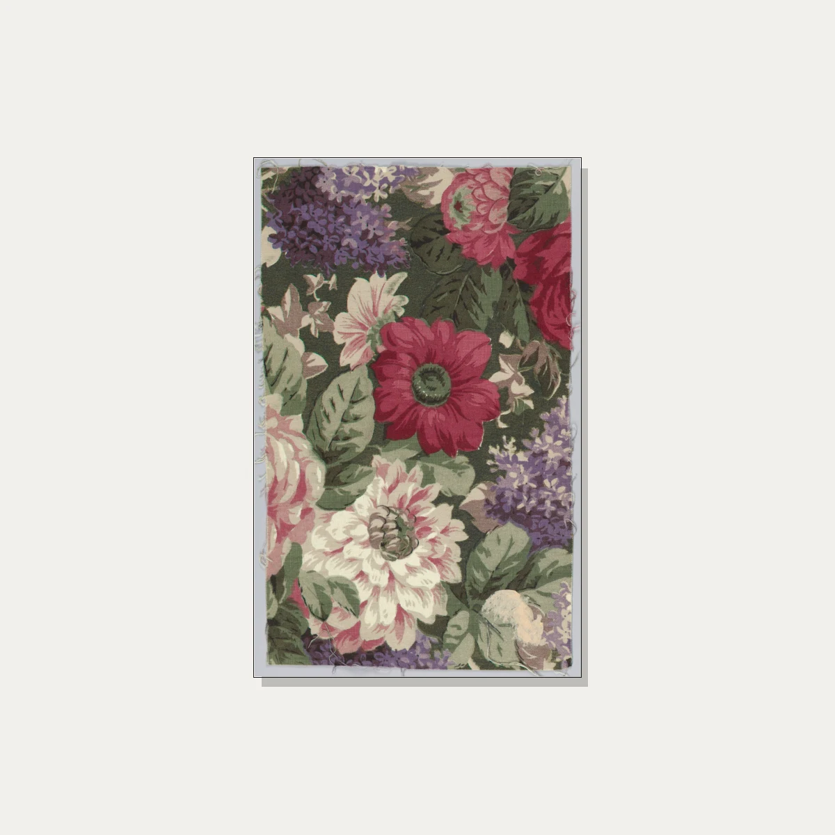 Vintage botanical chintz textile pattern featuring crimson dahlias, lavender lilacs, and pink roses on dark green foliage. | PrintPosters.in