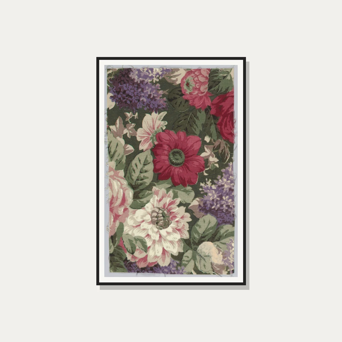 Vintage botanical chintz textile pattern featuring crimson dahlias, lavender lilacs, and pink roses on dark green foliage. — photo frame preview | PrintPosters.in