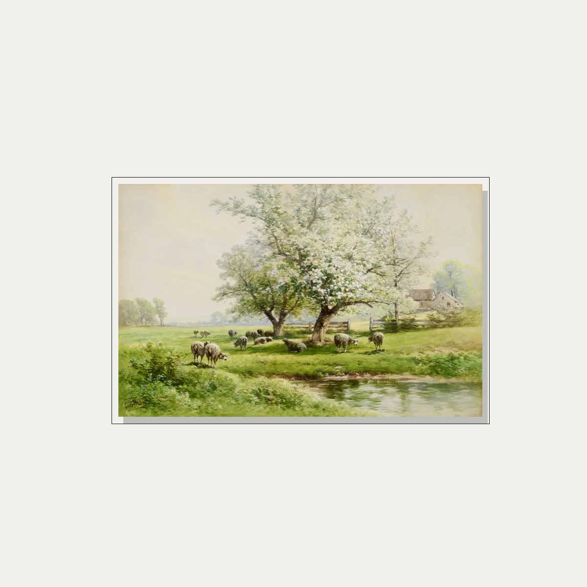 Pastoral watercolor painting of sheep grazing in a green spring meadow beside a stream and blossoming white tree. — floater frame preview | PrintPosters.in