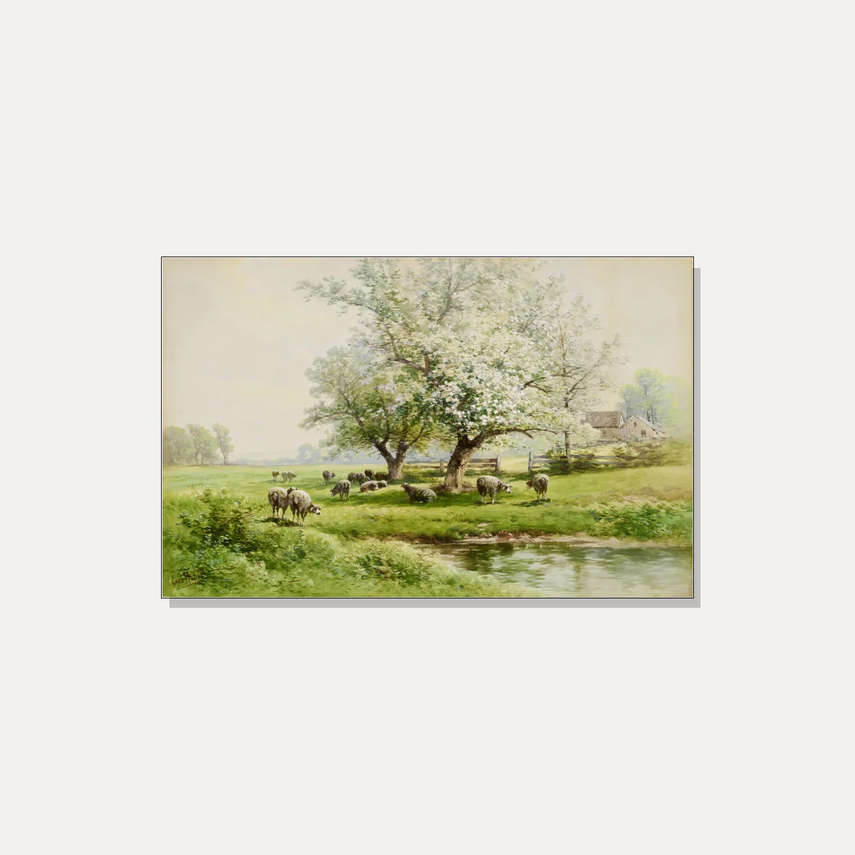 Pastoral watercolor painting of sheep grazing in a green spring meadow beside a stream and blossoming white tree. | PrintPosters.in