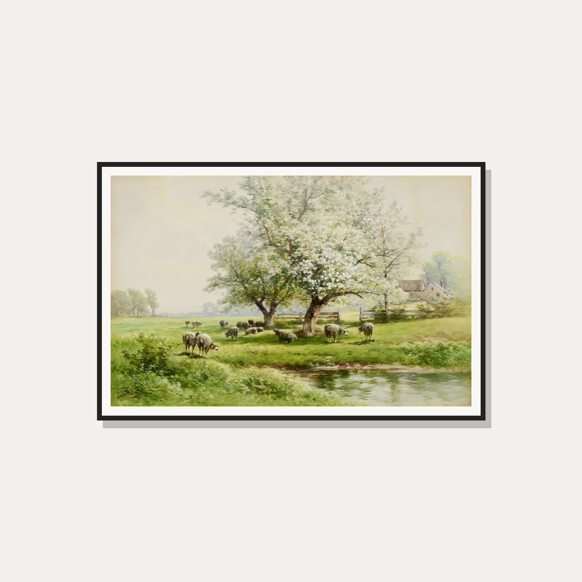 Pastoral watercolor painting of sheep grazing in a green spring meadow beside a stream and blossoming white tree. — photo frame preview | PrintPosters.in