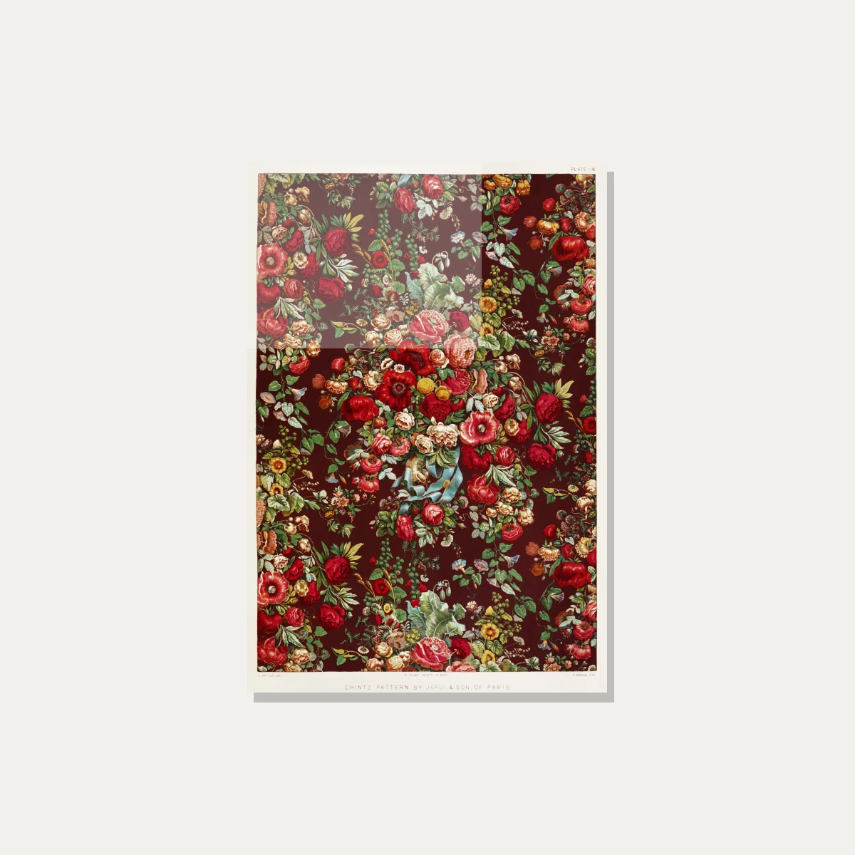 Victorian red floral chintz pattern featuring red roses, poppies, green leaves, and blue ribbon on maroon ground. — acrylic preview | PrintPosters.in