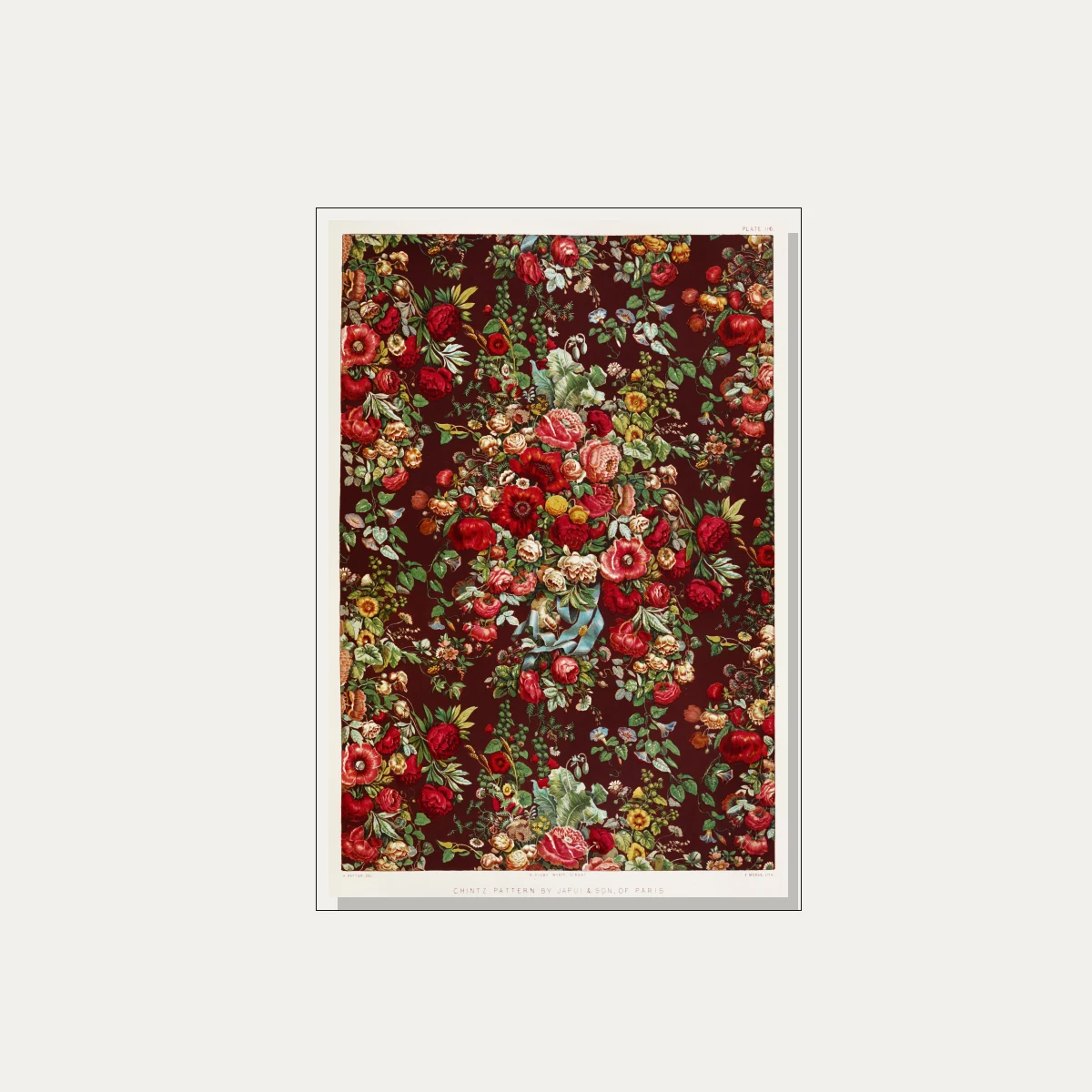 Victorian red floral chintz pattern featuring red roses, poppies, green leaves, and blue ribbon on maroon ground. — floater frame preview | PrintPosters.in
