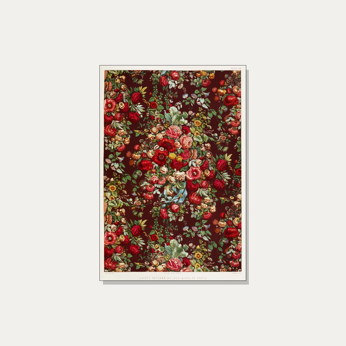 Victorian red floral chintz pattern featuring red roses, poppies, green leaves, and blue ribbon on maroon ground. | PrintPosters.in