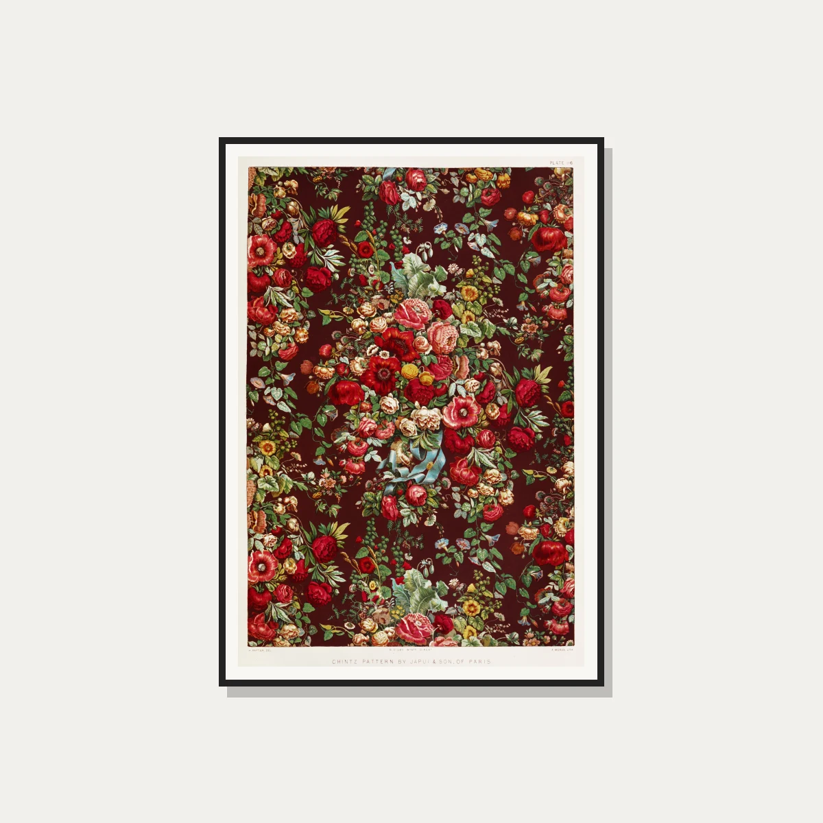 Victorian red floral chintz pattern featuring red roses, poppies, green leaves, and blue ribbon on maroon ground. — photo frame preview | PrintPosters.in