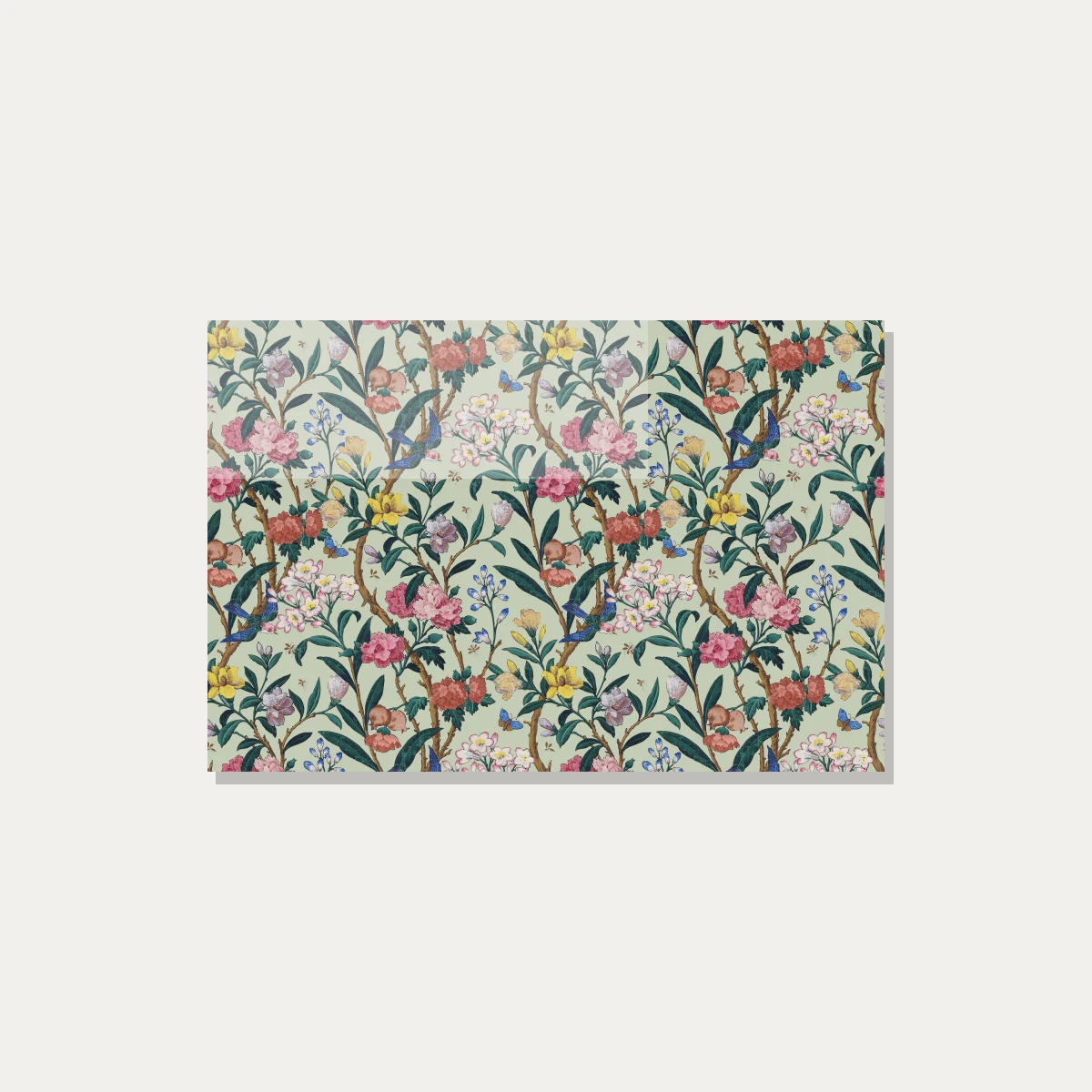 Vintage Chinoiserie floral pattern artwork featuring pink peonies, yellow flowers, bluebirds, and butterflies on sage green. — acrylic preview | PrintPosters.in