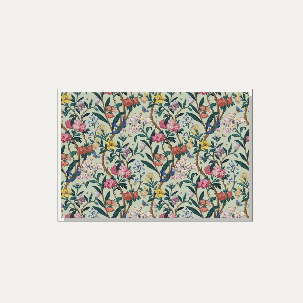 Vintage Chinoiserie floral pattern artwork featuring pink peonies, yellow flowers, bluebirds, and butterflies on sage green. — floater frame preview | PrintPosters.in
