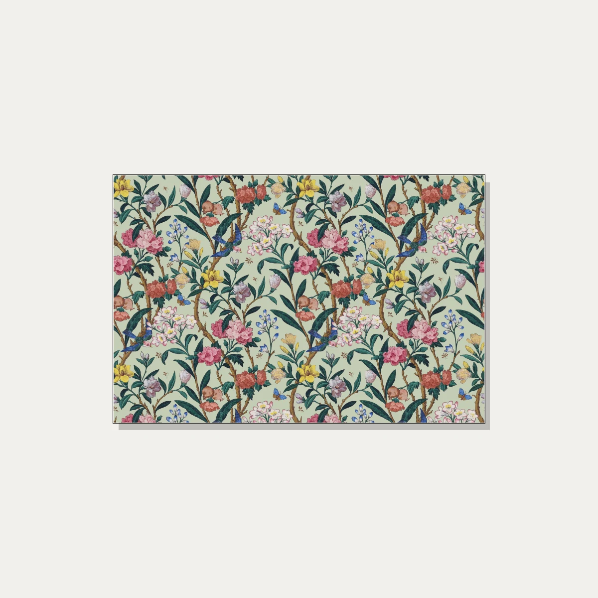 Vintage Chinoiserie floral pattern artwork featuring pink peonies, yellow flowers, bluebirds, and butterflies on sage green. | PrintPosters.in