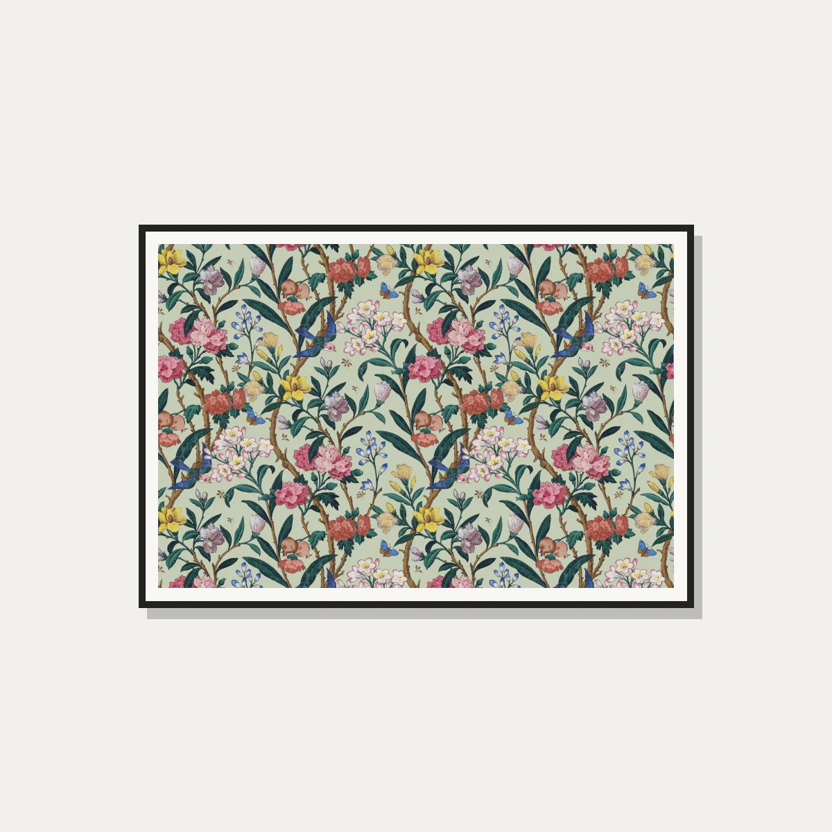 Vintage Chinoiserie floral pattern artwork featuring pink peonies, yellow flowers, bluebirds, and butterflies on sage green. — photo frame preview | PrintPosters.in