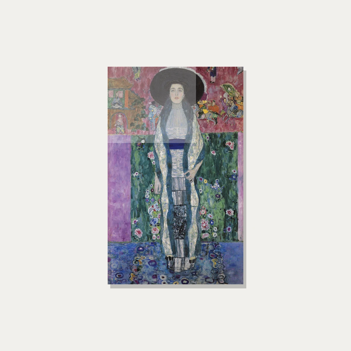 Full-length Art Nouveau portrait of a woman in a wide black hat, blue stole, and white dress by Gustav Klimt. — acrylic preview | PrintPosters.in
