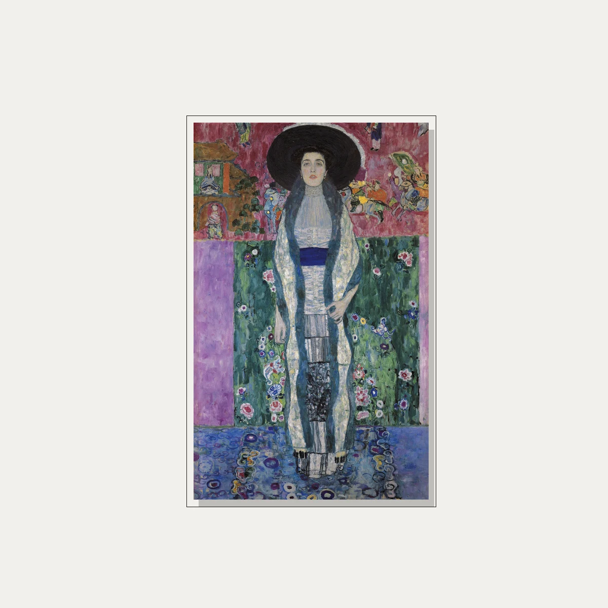 Full-length Art Nouveau portrait of a woman in a wide black hat, blue stole, and white dress by Gustav Klimt. — floater frame preview | PrintPosters.in
