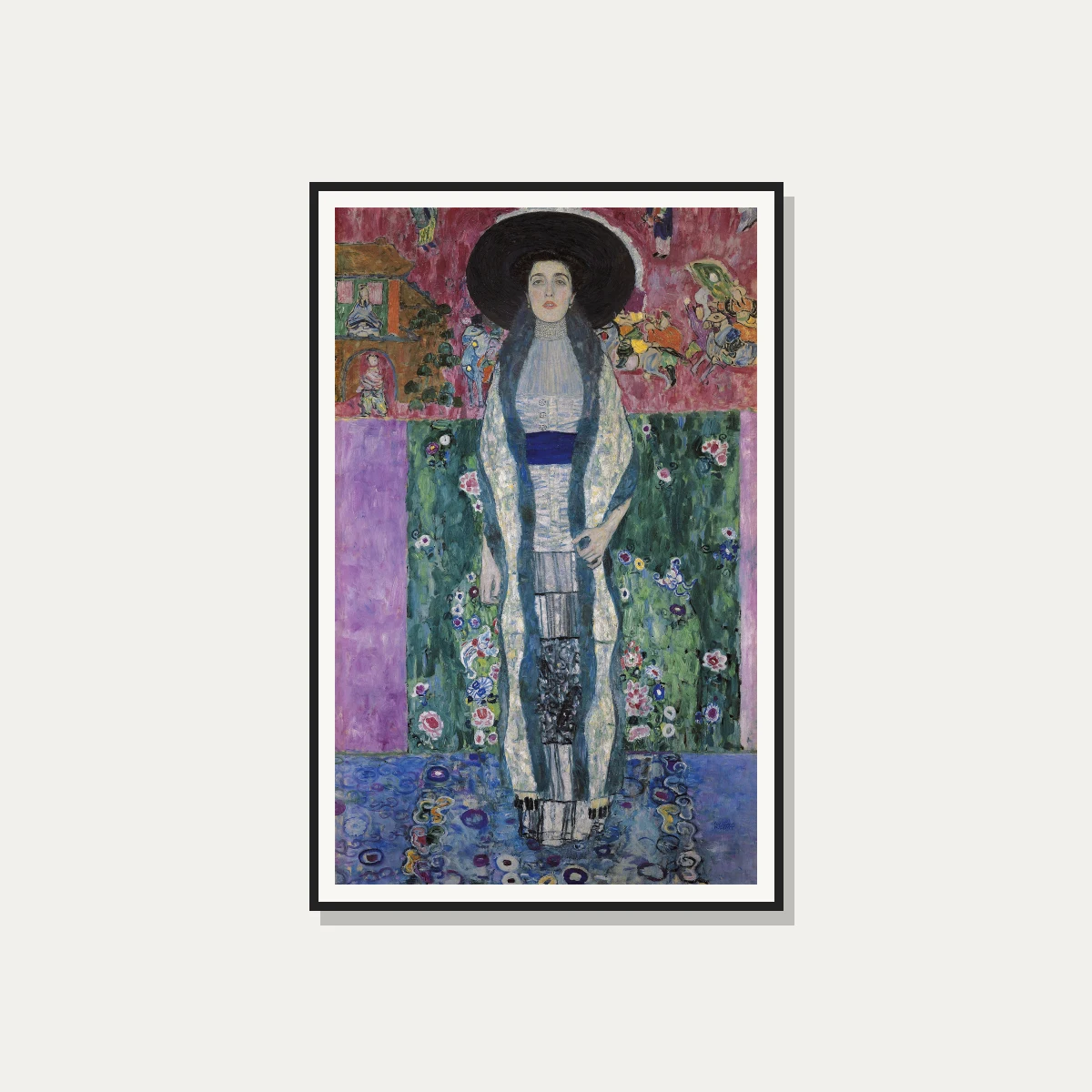 Full-length Art Nouveau portrait of a woman in a wide black hat, blue stole, and white dress by Gustav Klimt. — photo frame preview | PrintPosters.in