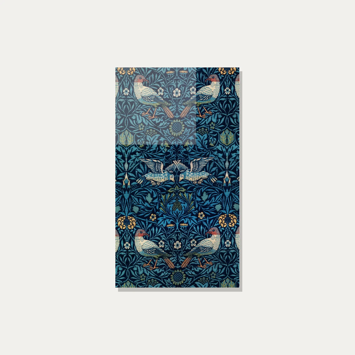 Intricate Arts and Crafts style navy blue woven pattern featuring stylized birds among leaves and small flowers. — acrylic preview | PrintPosters.in
